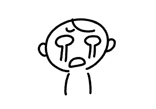 号泣する男性キャラクターの白黒線画（泣く・悲しい・辛い）