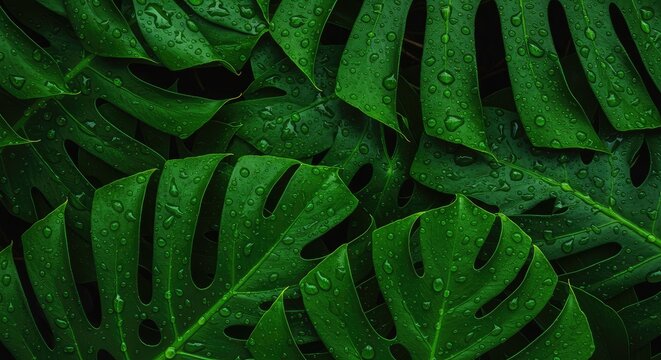Close-up of lush, dark green monstera leaves covered in water droplets