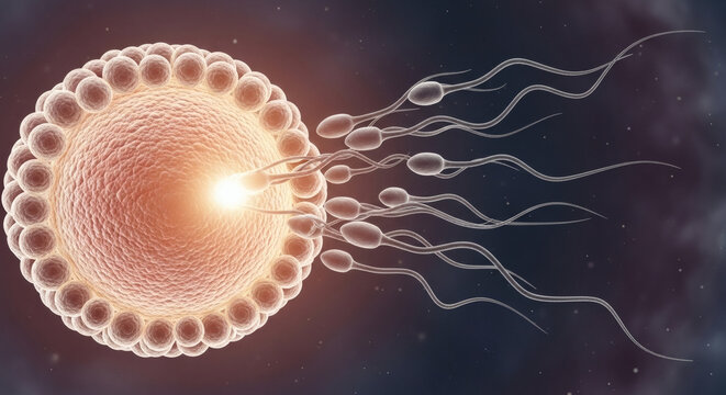 Microscopic illustration of sperm swimming toward human egg cell