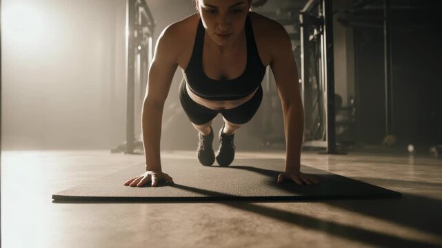 fit woman performing push-ups on yoga mat in sunlit home gym with dramatic lighting