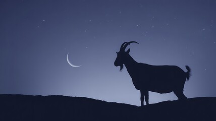 Obraz premium A silhouette of a goat standing on a hill under a crescent moon and starry night sky