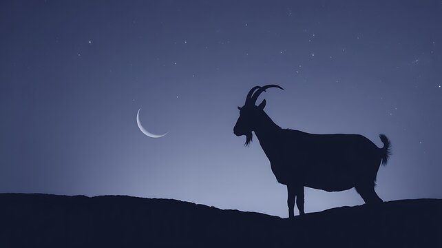 A silhouette of a goat standing on a hill under a crescent moon and starry night sky
