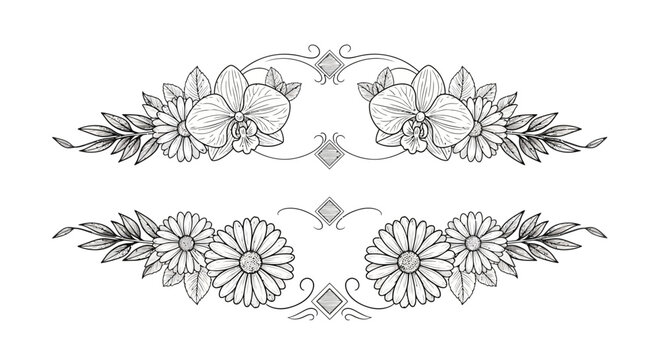 Elegant floral border design with orchid and daisy elements on white background
