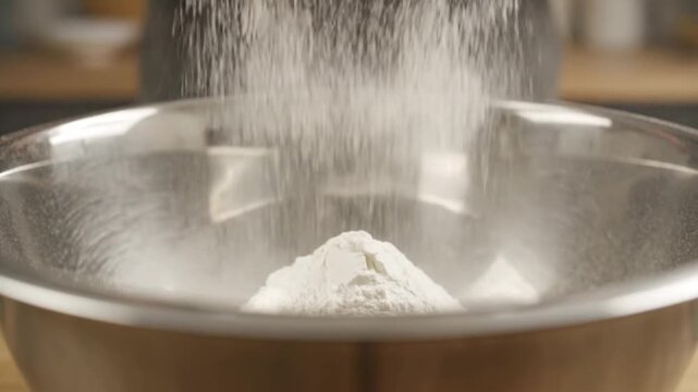 Sifting white flour into a stainless steel bowl for baking