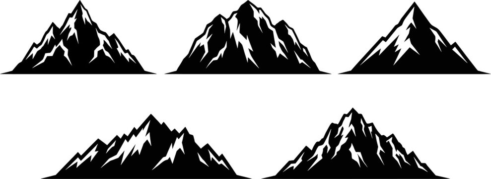 Vector illustration of a tent and set of camping icons among a set of trees in a cold winter nature landscape with white snow on a high mountain peak against a cloudy sky