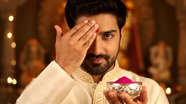 Man Applying Tilak During Religious Ceremony.