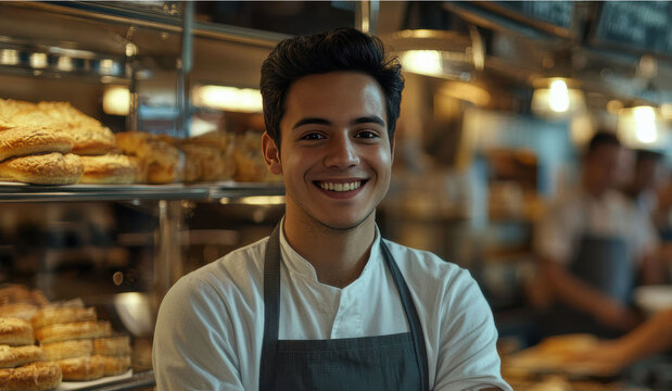 Young man in an apron smiles inside a bakery, with bread shelves and warm shop interior showing food service work and customer focused business.