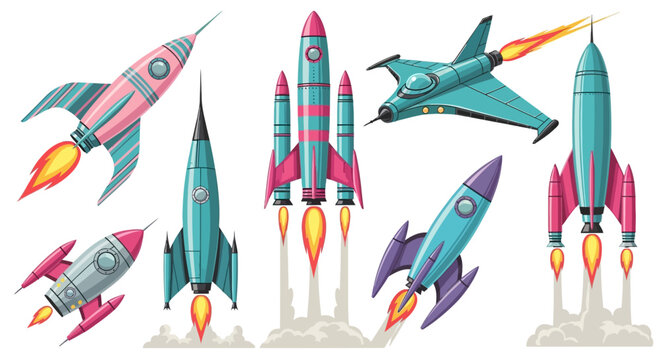 Rocket, spaceship, and jet icon set, colorful vector illustrations, 8 elements