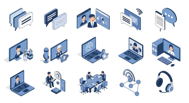 This vector illustration features various isometric icons for online business communication, including video calls, chat bubbles, and headsets.