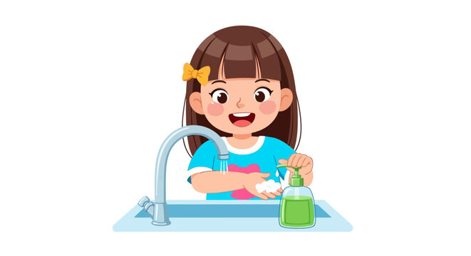 Cartoon girl washing dishes, smiling kid at sink, blue shirt, green sponge
