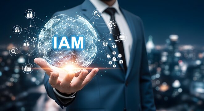 Businessman holding AI and IAM digital icons for identity access management and enterprise security