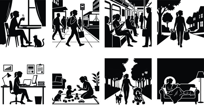 Urban daily life silhouettes collection with commuting working family time shopping relaxing and modern city lifestyle scenes illustration