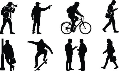 Urban people silhouettes set with photography cycling skateboarding walking and social interaction modern city lifestyle illustration collection © Mst