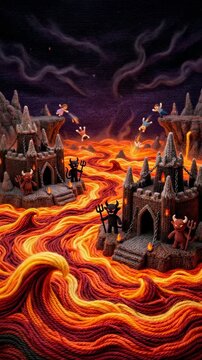 Knitted hell landscape with devils and souls in a biblical scene. Cute crochet fantasy world depicting the layers of eternal fire. Creative religious craft art. Vertical video