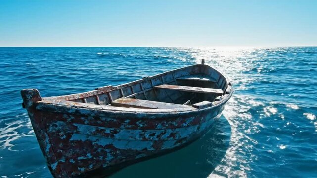 Weathered wooden boat gently floats on calm ocean under bright sunshine, showcasing serenity and isolation