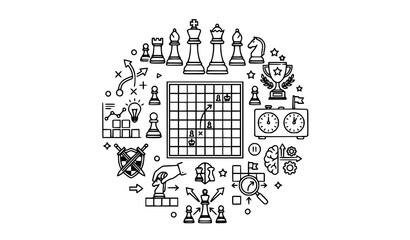 Chess outline icons in circular layout with game pieces strategy and board symbols for infographic and digital interface © Ashik 