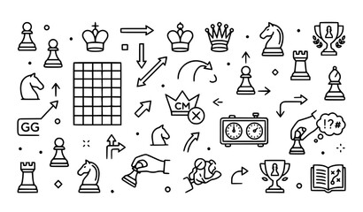 Chess line icons collection with game pieces and strategy symbols in creative scattered layout for modern design © Ashik 