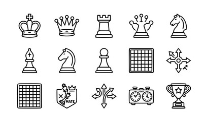 Chess line icons set with king queen pieces and strategy symbols in modern thin outline style for web and app design © Ashik 