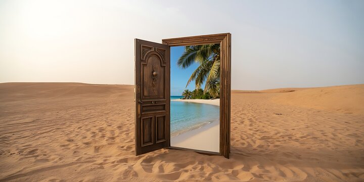 A wooden door standing open in the desert with a tropical beach scene