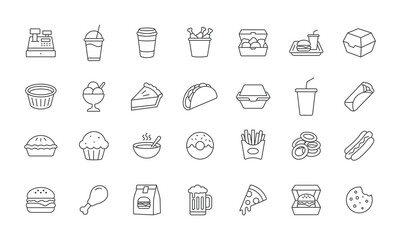 Fototapeta premium Collection Of Pixel Art Fast Food Icons And Symbols On White Background