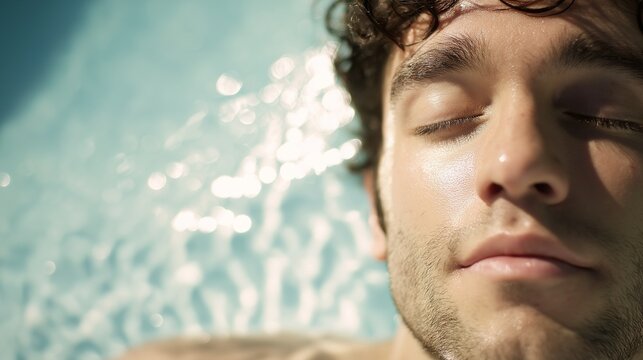 Man resting by the pool with closed eyes, sunlight reflections on water