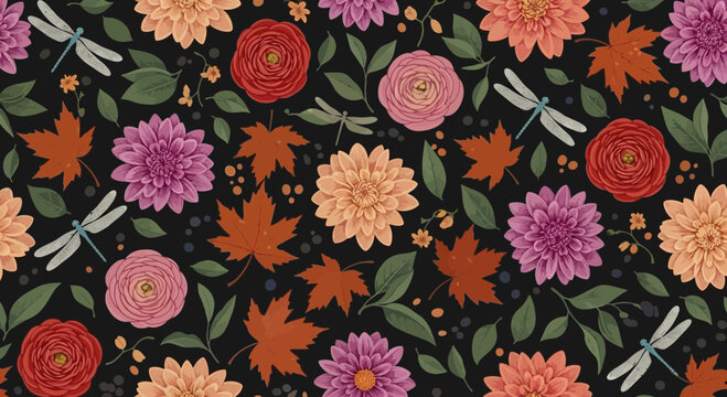 Floral pattern design with colorful flowers leaves and dragonflies
