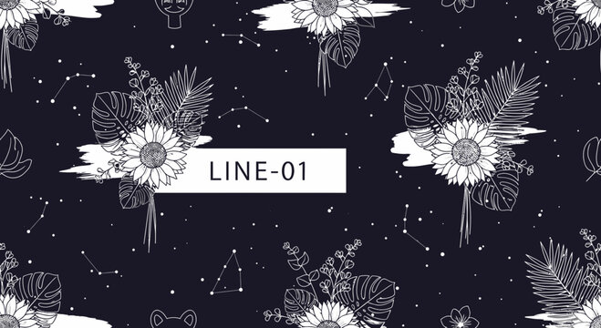 Floral pattern design with constellation elements on a dark background