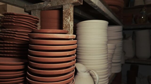 Artisan Clay Dishes and Bowls Piled High in a Workshop