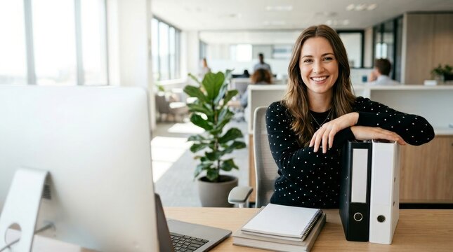 Portrait of a smiling young professional businesswoman leaning on office binders at her modern desk, blank copy space