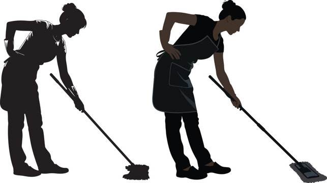 Woman silhouette and drawing of woman mopping floor with domestic work black and white cleaning housekeeping sanitation household interior silhouette illustration scrubbing sweeping