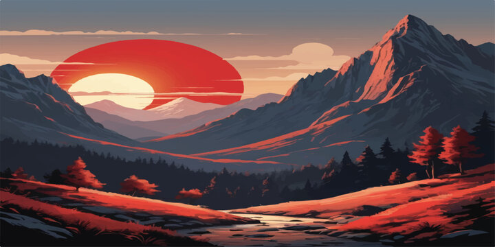 A breathtaking mountain landscape at dawn and dusk features a vibrant orange sun rising and setting over misty peaks and valleys under a colorful sky filled with red and blue clouds