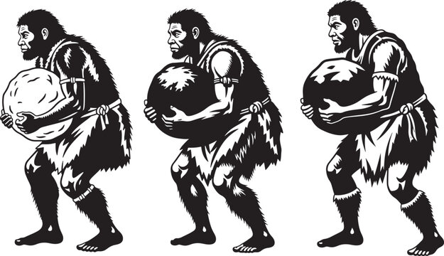 Three primitive cavemen or ancient humans carrying large heavy stones or boulders depicting prehistoric labor strength early human life with early man black and white hunter gatherer design element