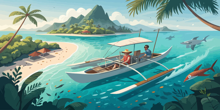 Tropical island paradise with outrigger canoe clear turquoise water lush mountains palm trees lush vegetation water sports tropical plants paradise mountains tropical vacation adventure