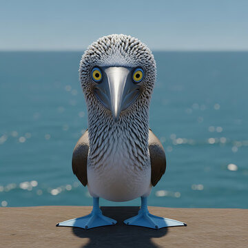 Blue-footed booby with its iconic blue feet and striking yellow eyes, gazing intently