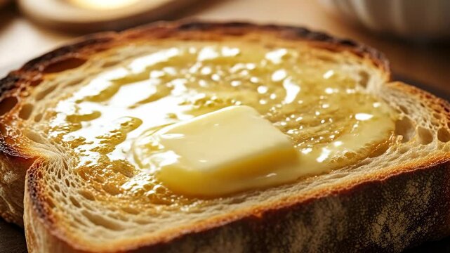 A close-up shot of golden toast with butter melting on top.
