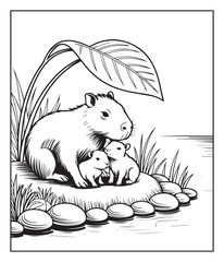 Obraz premium Cute cartoon capybara with its baby hand drawn black line art coloring page for kids, Creative and funny activity book doodle illustration