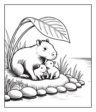 Cute cartoon capybara with its baby hand drawn black line art coloring page for kids, Creative and funny activity book doodle illustration