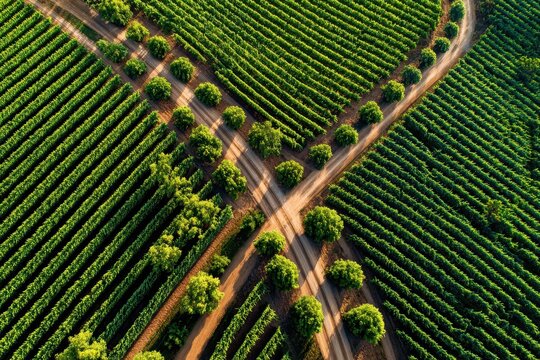 Aerial view of green vineyard rows with crossing dirt roads and trees. Ideal for agriculture, rural landscapes, or food production themes.