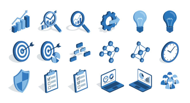 This vector illustration features eighteen blue isometric icons representing various business, data analysis, and office management concepts.