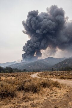 Apocalyptic landscape with a massive dark pyrocumulus smoke cloud billowing from a catastrophic wildfire over dry desert hills, extreme climate change