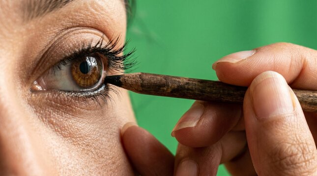 close up eye makeup application with kohl pencil on green background