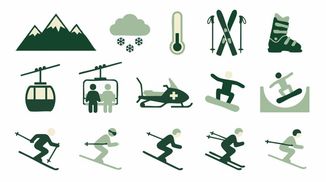 Winter Sports Icon Set for Skiing, Snowboarding, Mountain Activities