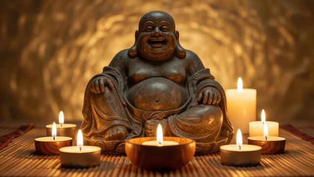 Happy Buddha Statue Glowing with Candlelight on Dark Wood