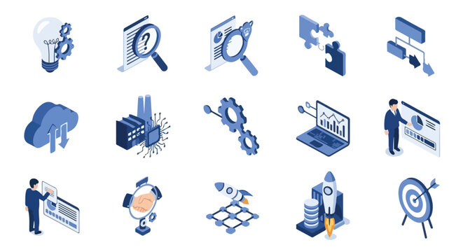 This image displays a set of fifteen blue isometric icons representing various business concepts like innovation, analysis, strategy, and technology.
