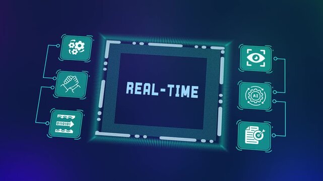 Real-time data processing technology interface with AI analytics, automation, and digital system monitoring concept.