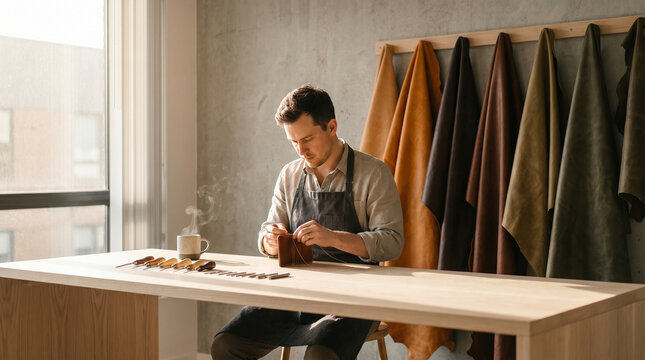 Artisan leather goods maker stitching a hand-cut wallet using a saddle stitch technique at a workbench hung with swaths of vegetable-tanned