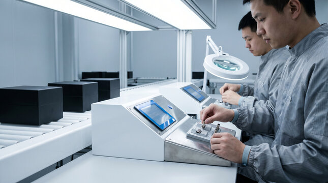 Electronics assembly line workers in anti-static wristbands and cleanroom gowns placing USB-C port components into a jig under bright white