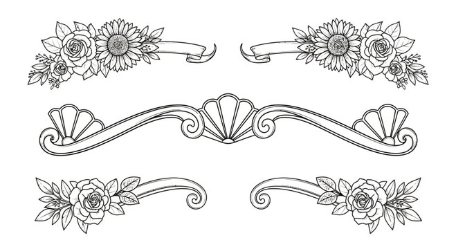 Elegant floral design elements roses sunflowers banners and decorative scrolls