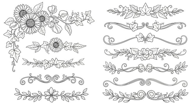 Elegant floral design elements and borders in black and white vector art
