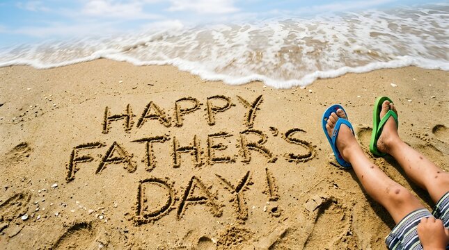 Happy father's day beach scene celebrating dad with sand writing and ocean waves
